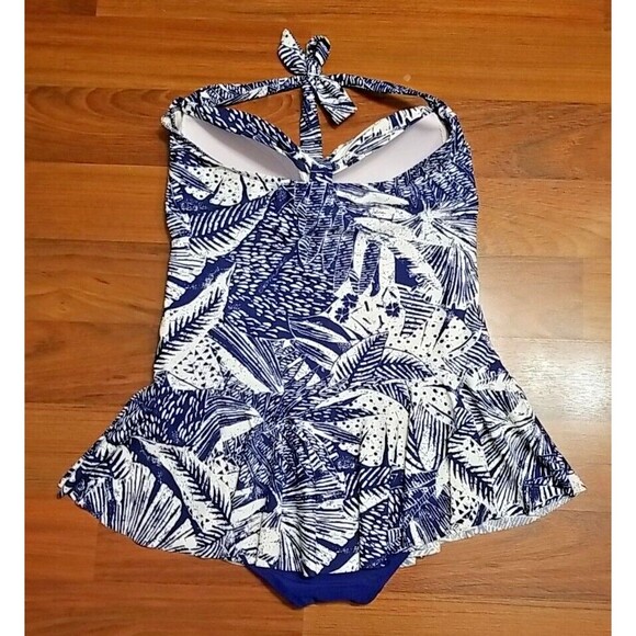 Rose Marie Reid One Piece Swimsuit w Skirt XXL Halter Top Blue White Rouched T36 - Picture 3 of 9